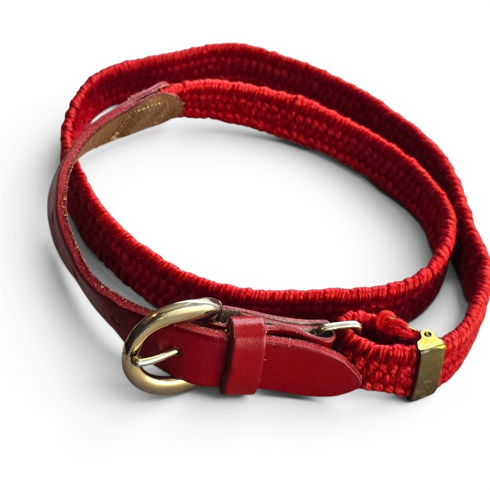 Vintage Red Woven Stretchy Braided Belt Gold Tone Buckle Leather Trim 34" L 1"W